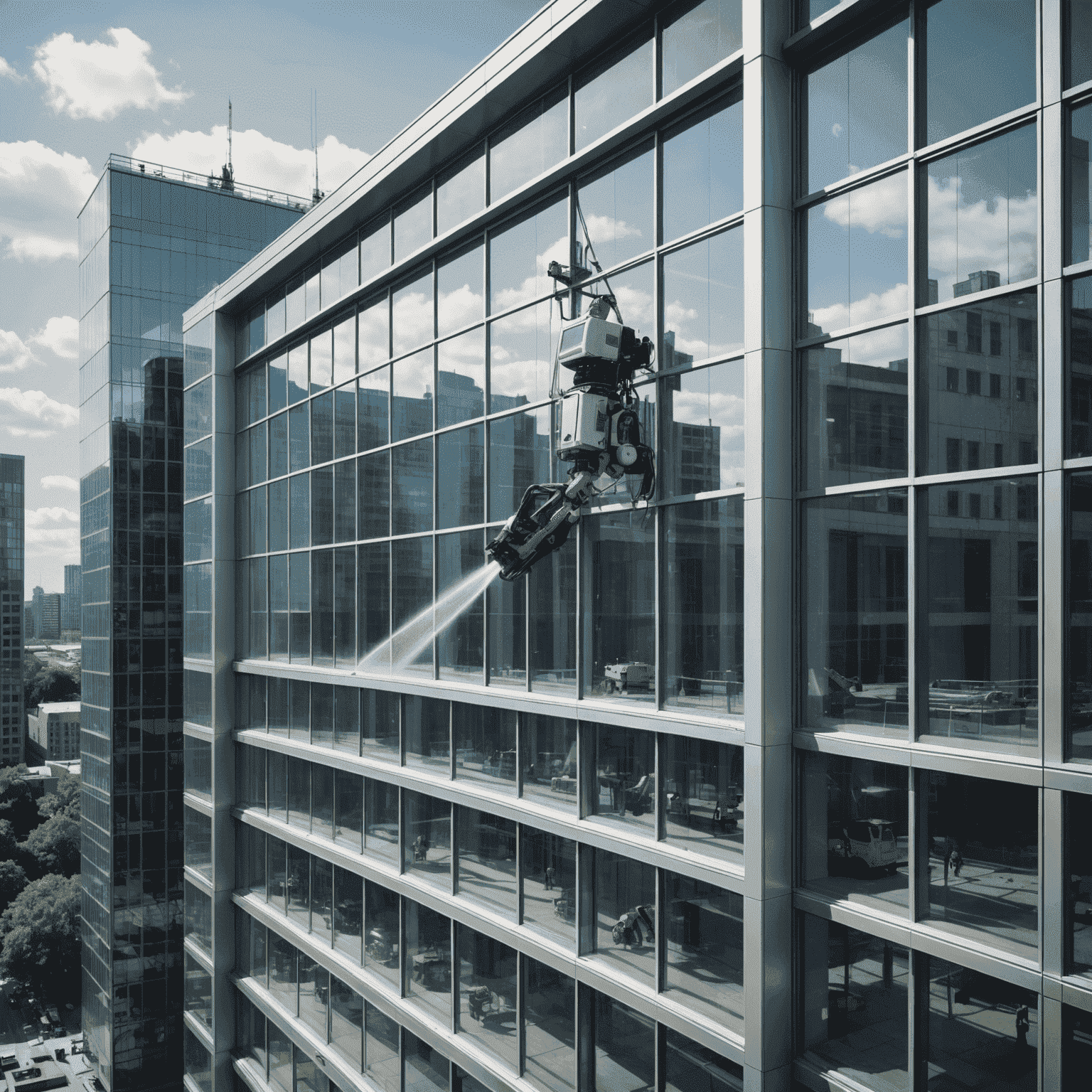 Various innovative window cleaning tools and robots cleaning large glass surfaces of modern buildings