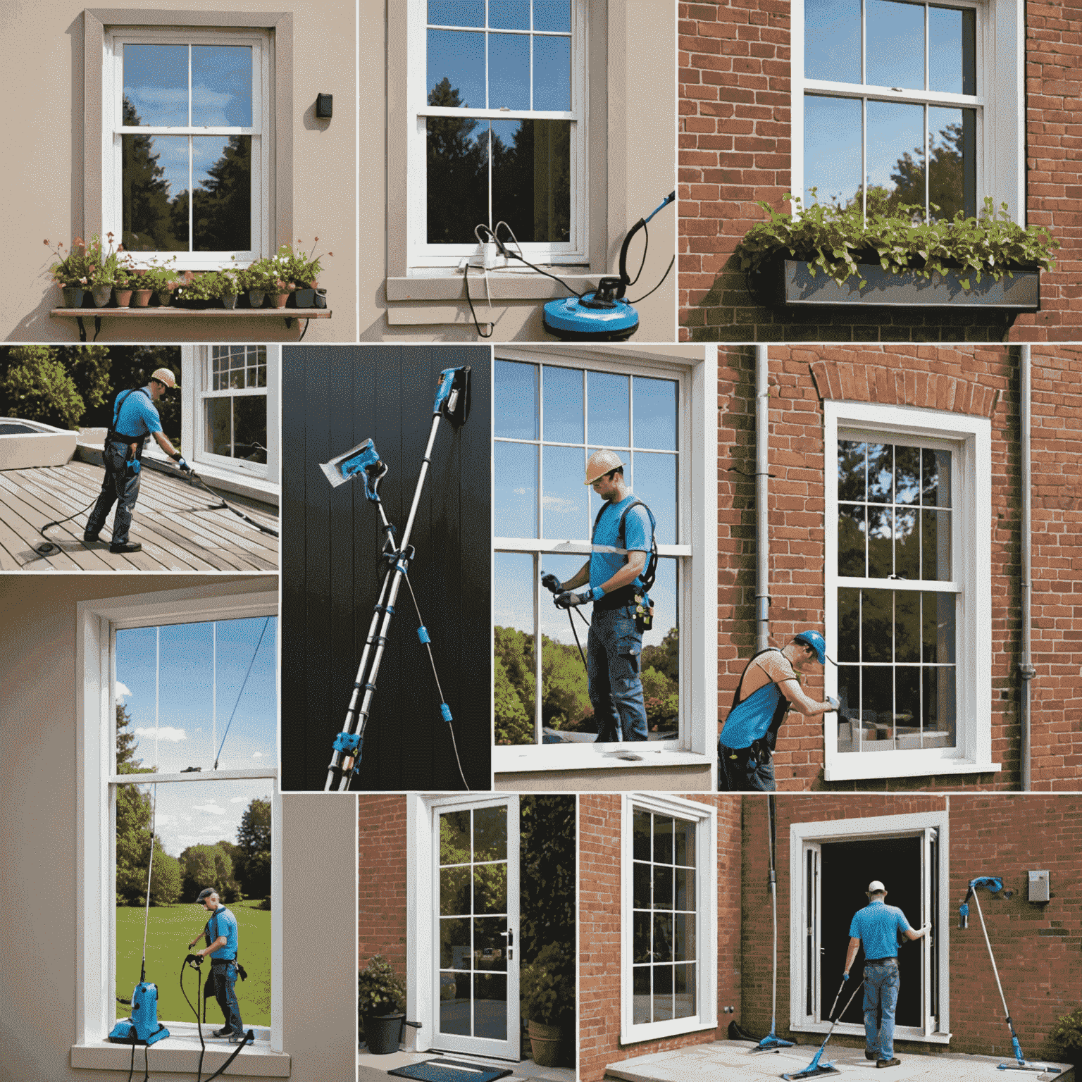 A collage of modern window cleaning tools and techniques, including robotic cleaners, water-fed poles, and eco-friendly solutions