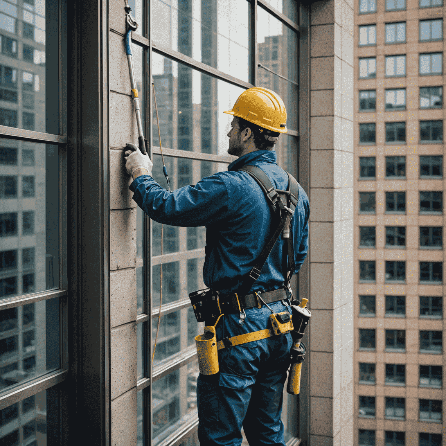 A professional window cleaner securely harnessed, cleaning the exterior of a high-rise building with a squeegee and safety equipment visible