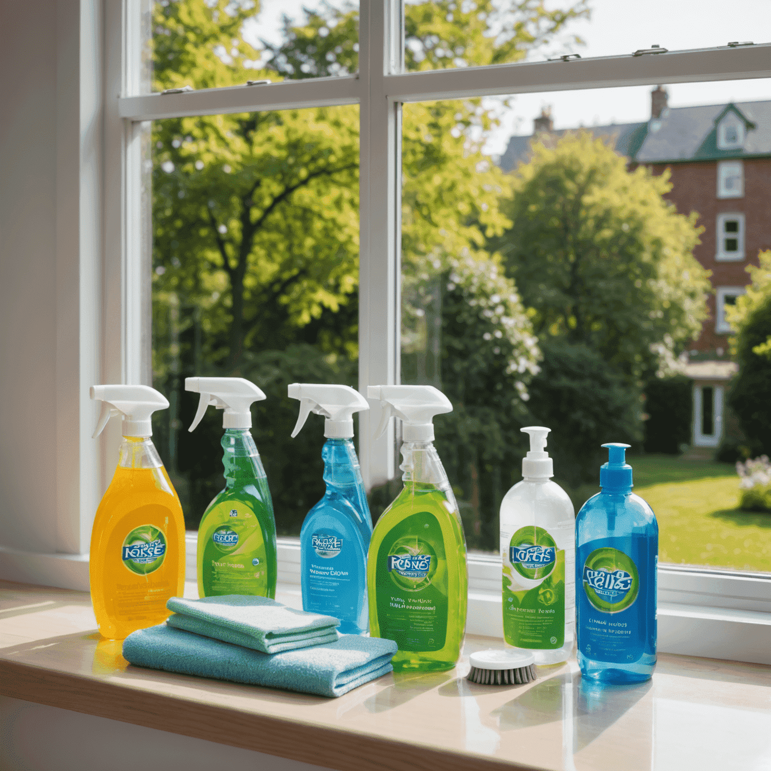 A set of eco-friendly window cleaning products arranged neatly on a windowsill, with a sparkling clean window in the background reflecting nature