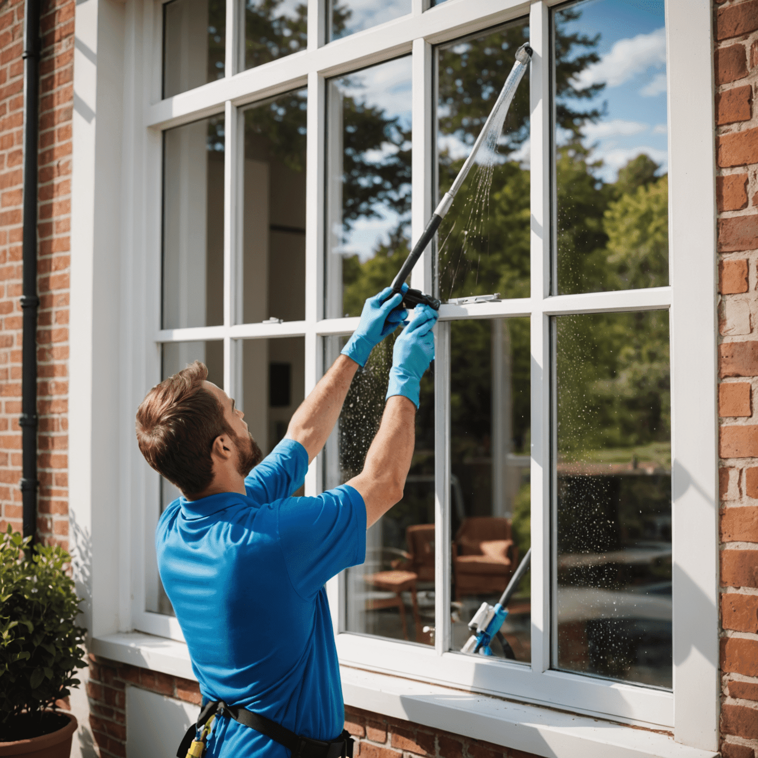 A sparkling clean residential window with a person cleaning it, showcasing the professional window cleaning service for homes and apartments