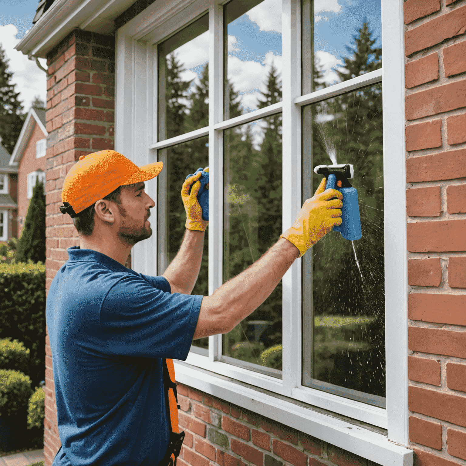 Professional window cleaner carefully washing a large residential window, ensuring a streak-free finish. The cleaner is using eco-friendly solutions and specialized tools to achieve crystal-clear results.