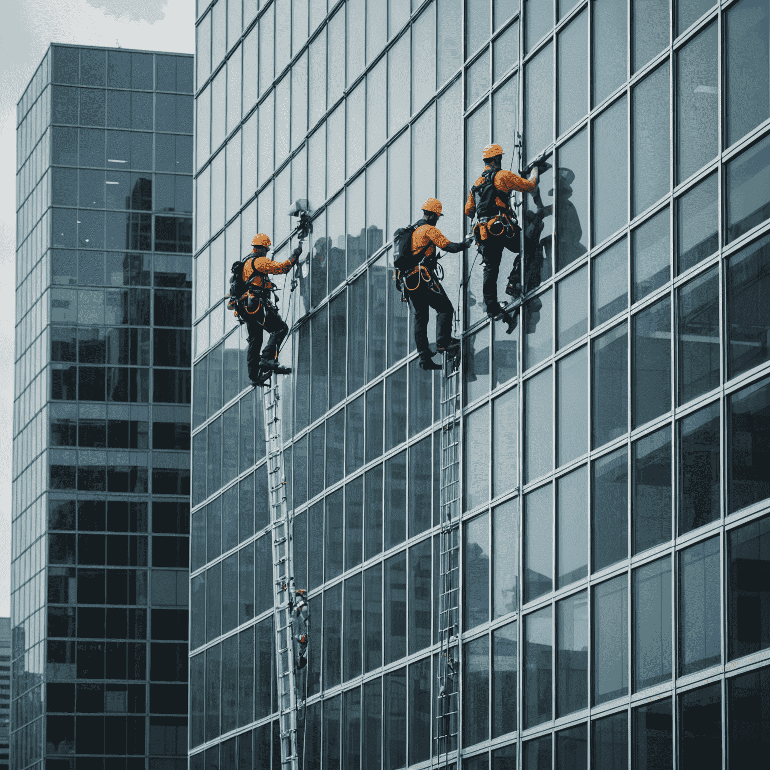 Professional window cleaners washing the exterior of a large office building, using advanced equipment and safety harnesses to reach high windows. The glass reflects the cityscape, showcasing the crystal-clear results of their work.