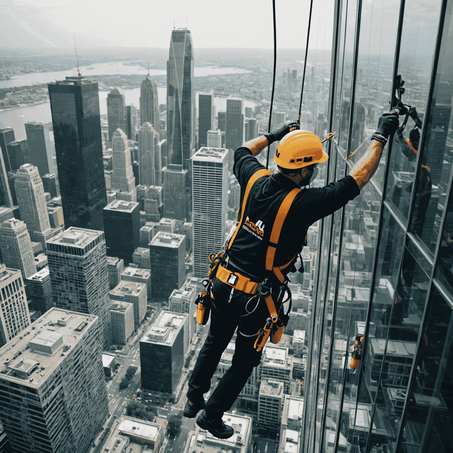 Professional window cleaners rappelling down a skyscraper, cleaning large glass panels with advanced equipment. The cityscape is visible in the background, showcasing the height and scale of the operation.