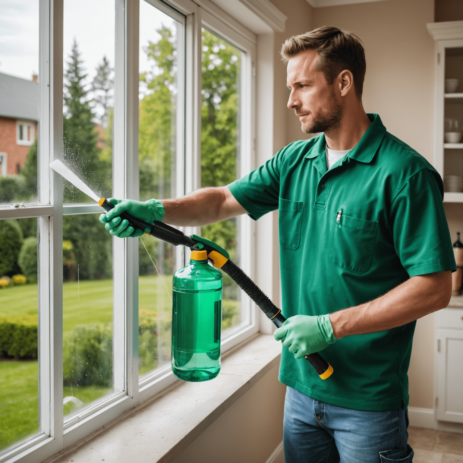 A window cleaner using eco-friendly products and water-saving techniques to clean a large residential window. The cleaner is wearing green uniform and using a microfiber cloth and a spray bottle with a biodegradable solution.
