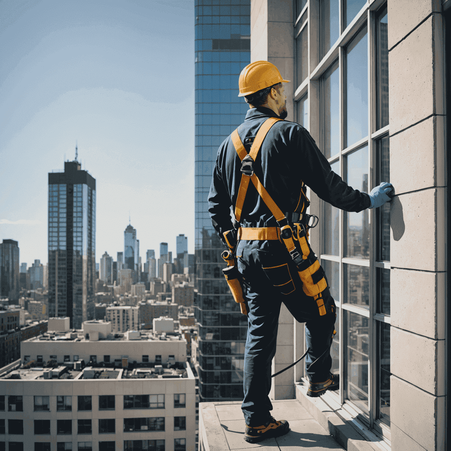 Window cleaner in safety harness cleaning windows on a tall apartment building with cityscape in background