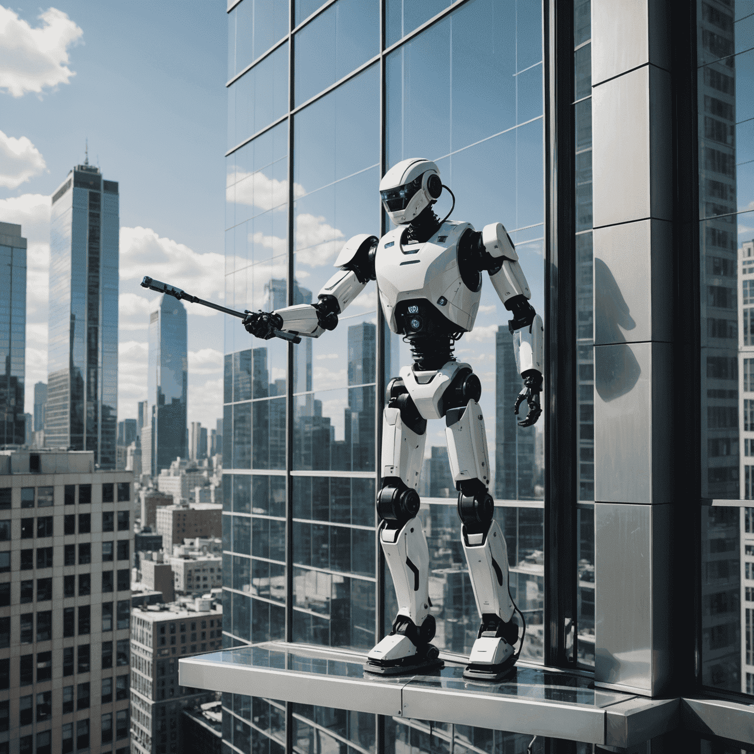 A sleek robotic window cleaner clinging to a large glass pane of a high-rise building