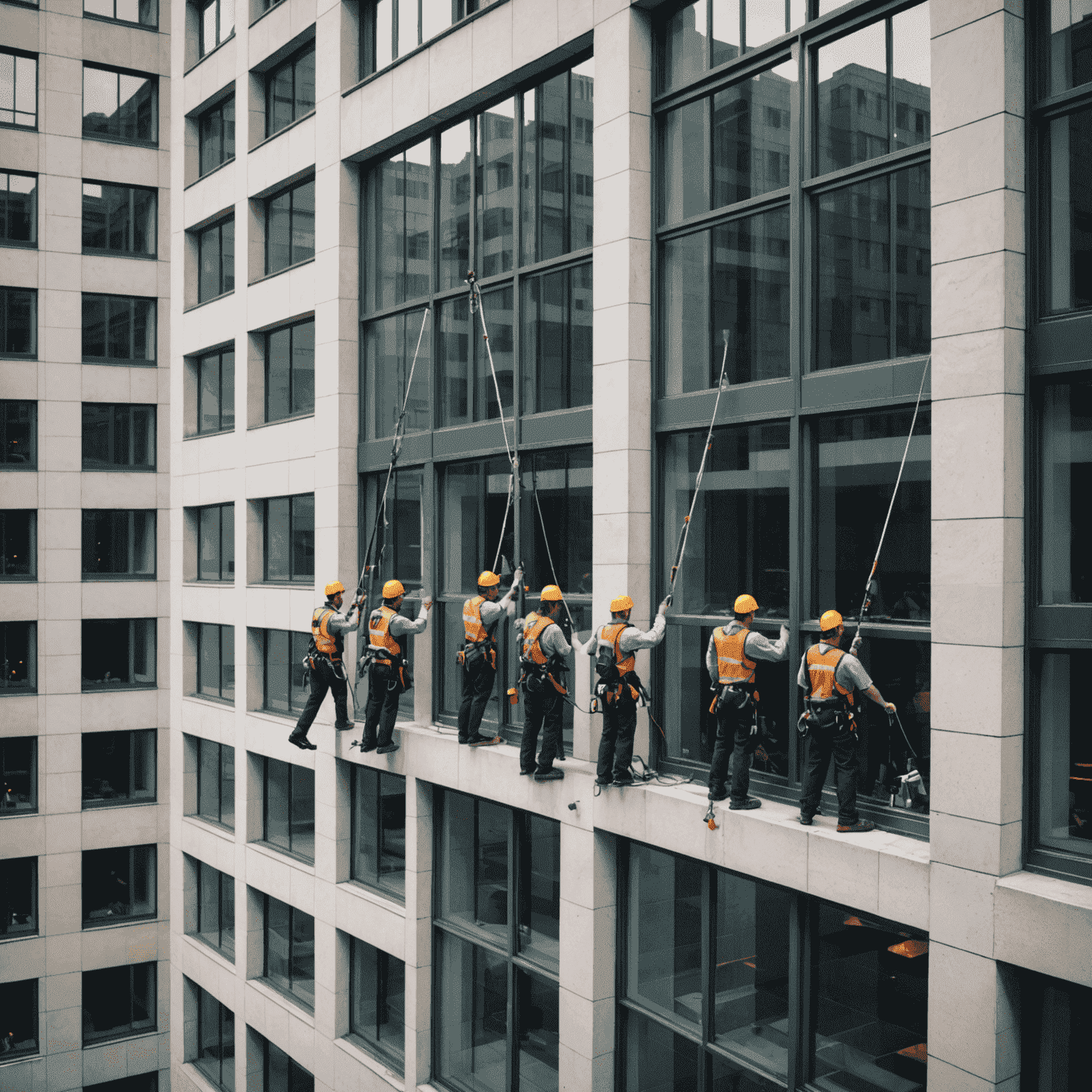 A team of window cleaners discussing safety procedures and checking their equipment before ascending a tall building