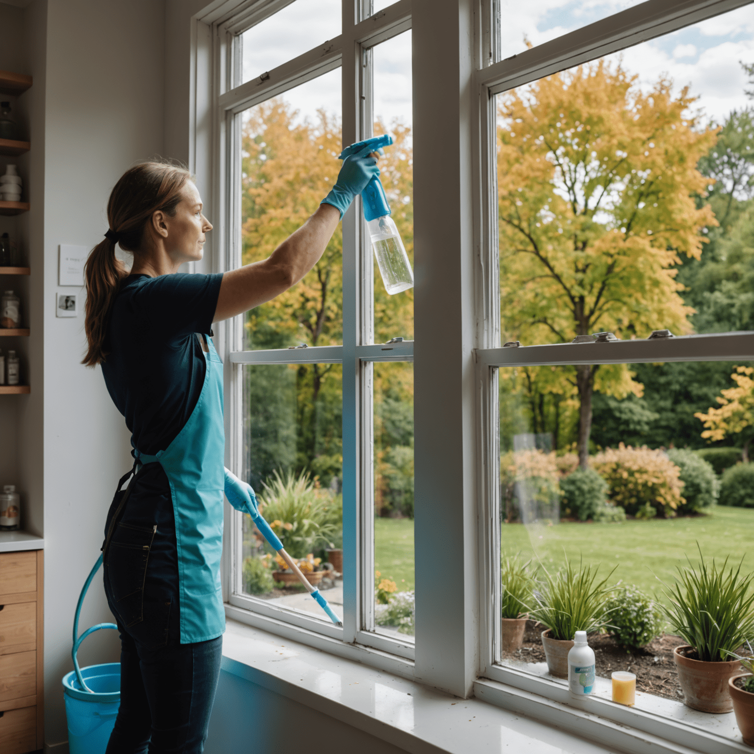 A person cleaning a large window using eco-friendly products, with a before and after split showing the dramatic difference in clarity