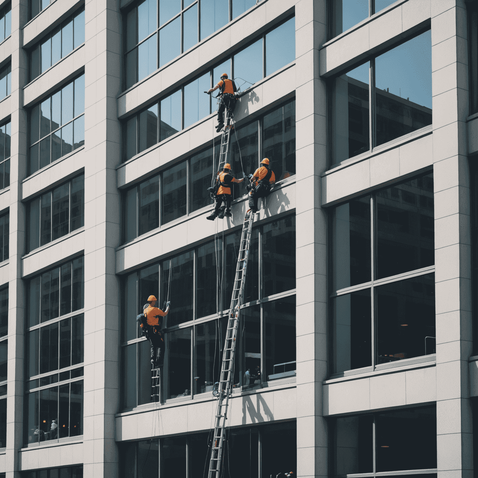 A team of window cleaners working on a large office building, demonstrating commercial window cleaning services