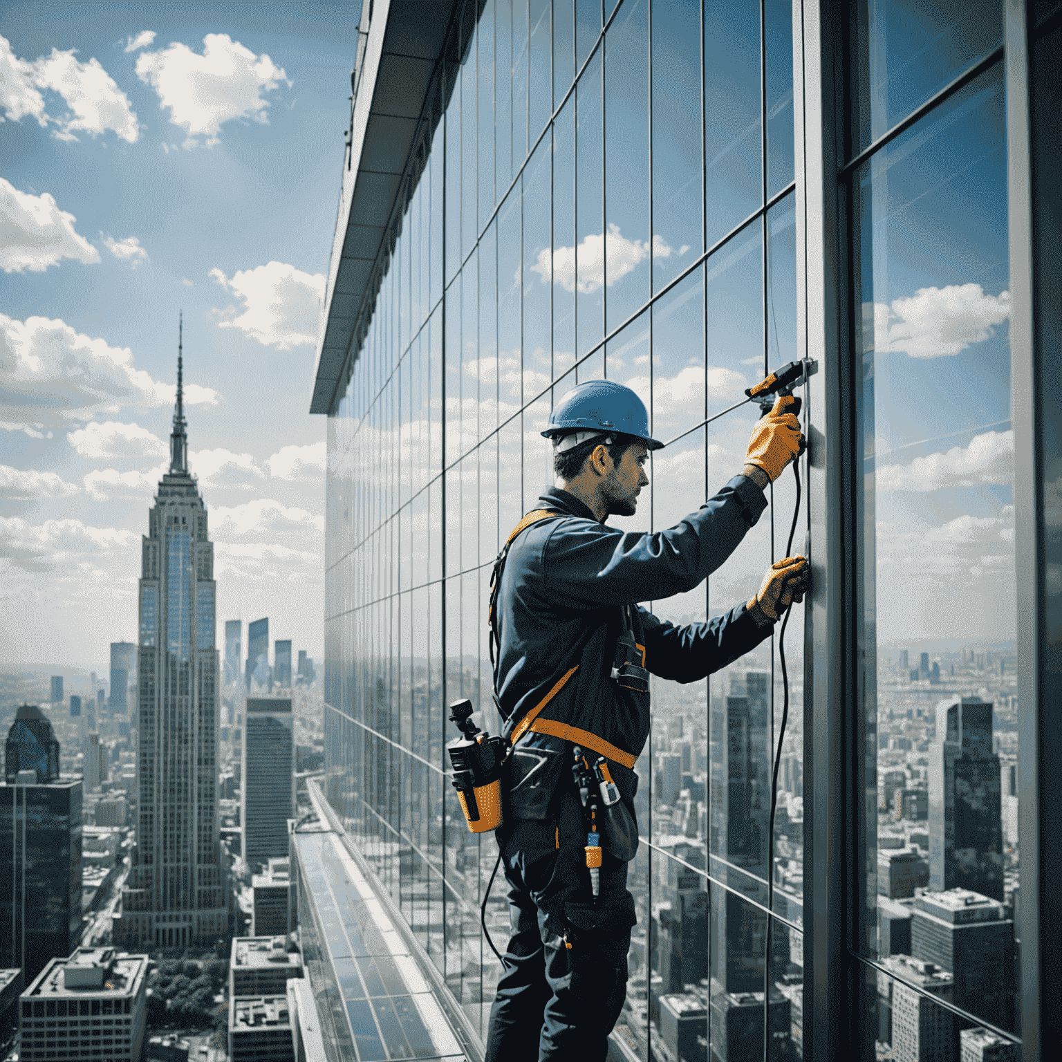 Close-up of a window cleaner using high-tech equipment to clean a large glass panel on a skyscraper. The image shows the precision and care taken in the cleaning process, with the cityscape reflected in the clean glass.