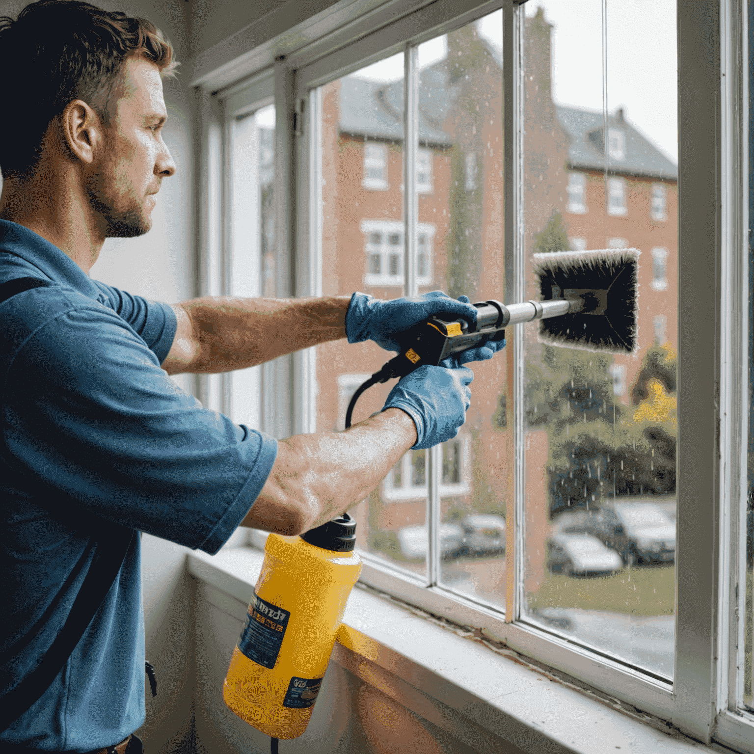 Close-up of a window cleaner using specialized tools to clean a large interior window, showcasing the attention to detail and professional equipment used