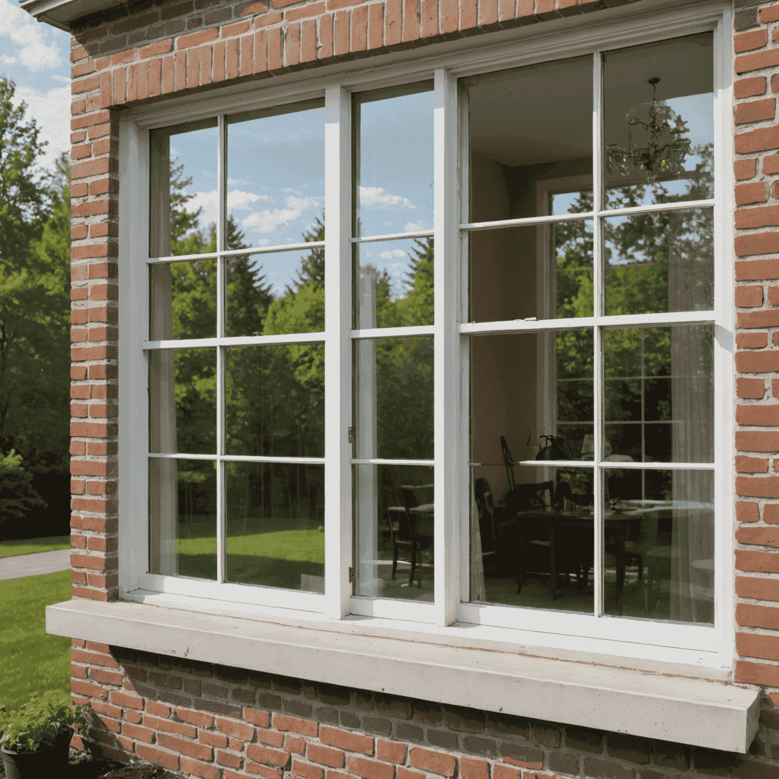 A before and after comparison of a large window. The left side shows a dirty, streaky window, while the right side shows a crystal-clear, spotless window after eco-friendly cleaning.
