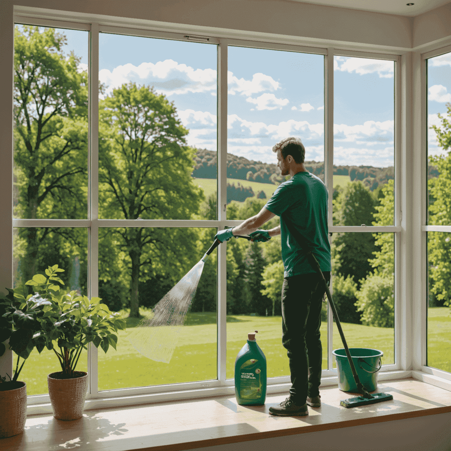 Natural, eco-friendly window cleaning products and a person using them to clean a large window with a green landscape reflection