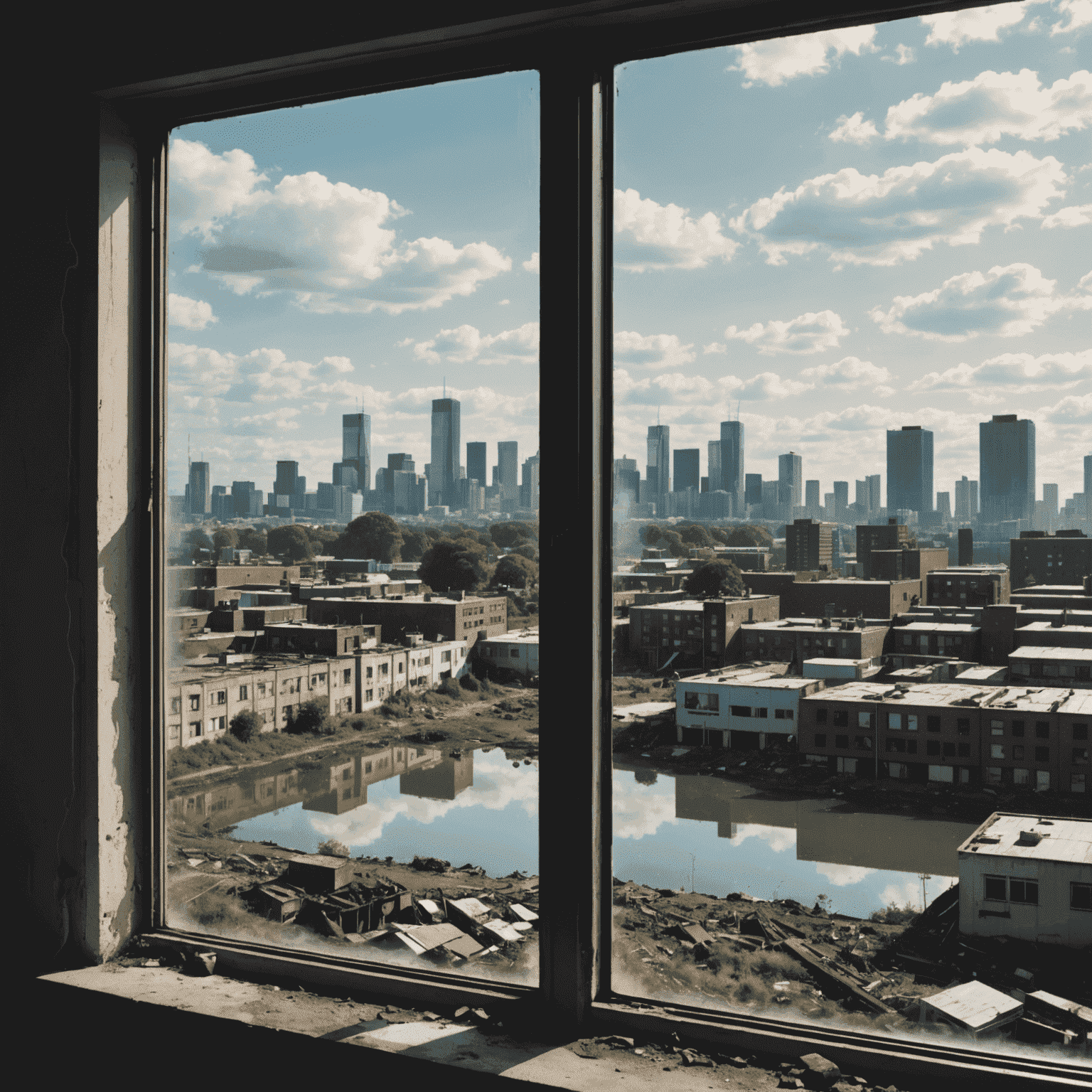 A split image showing a polluted cityscape reflected in a dirty window on one side, and a clean, vibrant natural landscape reflected in a spotless window on the other
