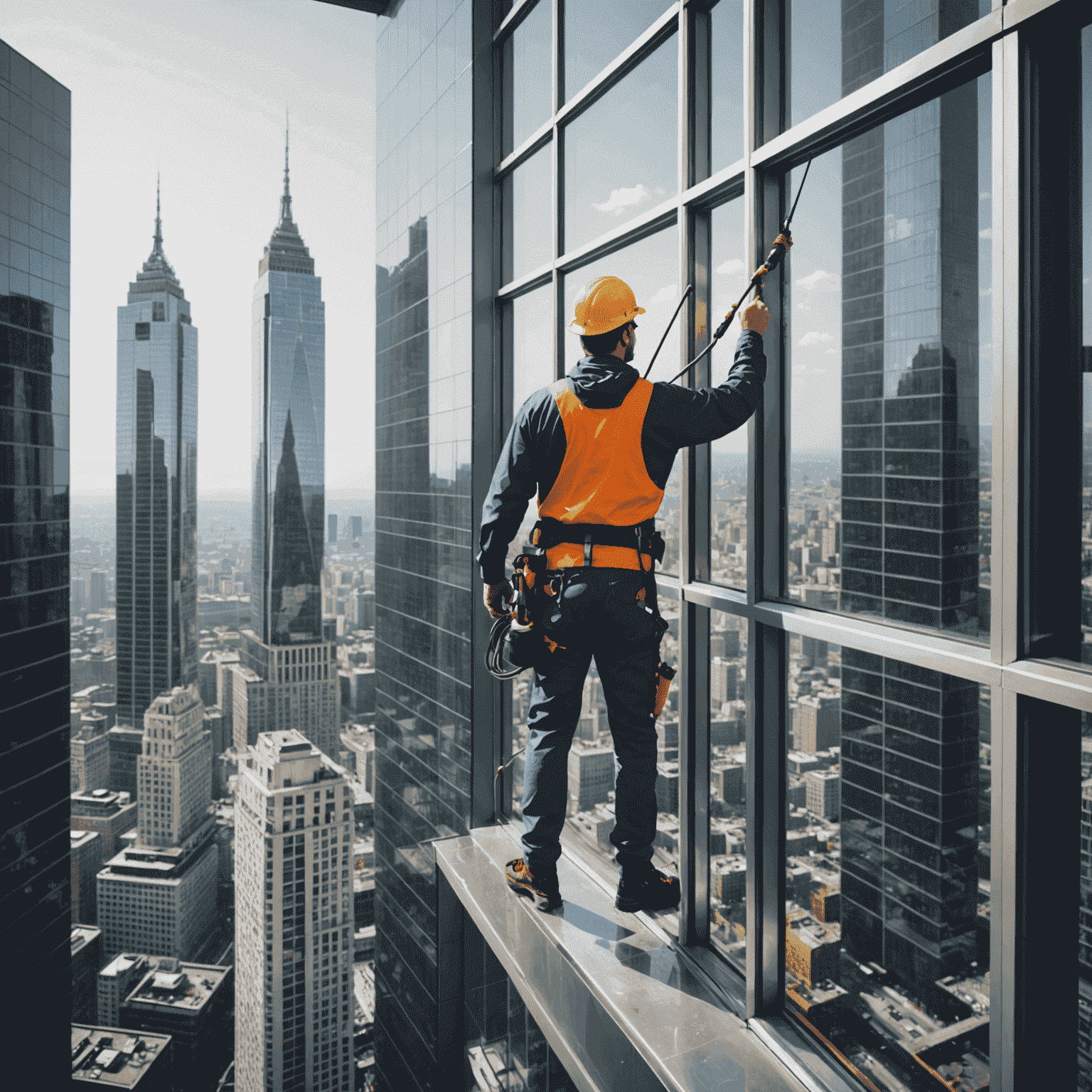 A window cleaner suspended on a platform, cleaning windows of a skyscraper, showcasing high-rise window cleaning expertise