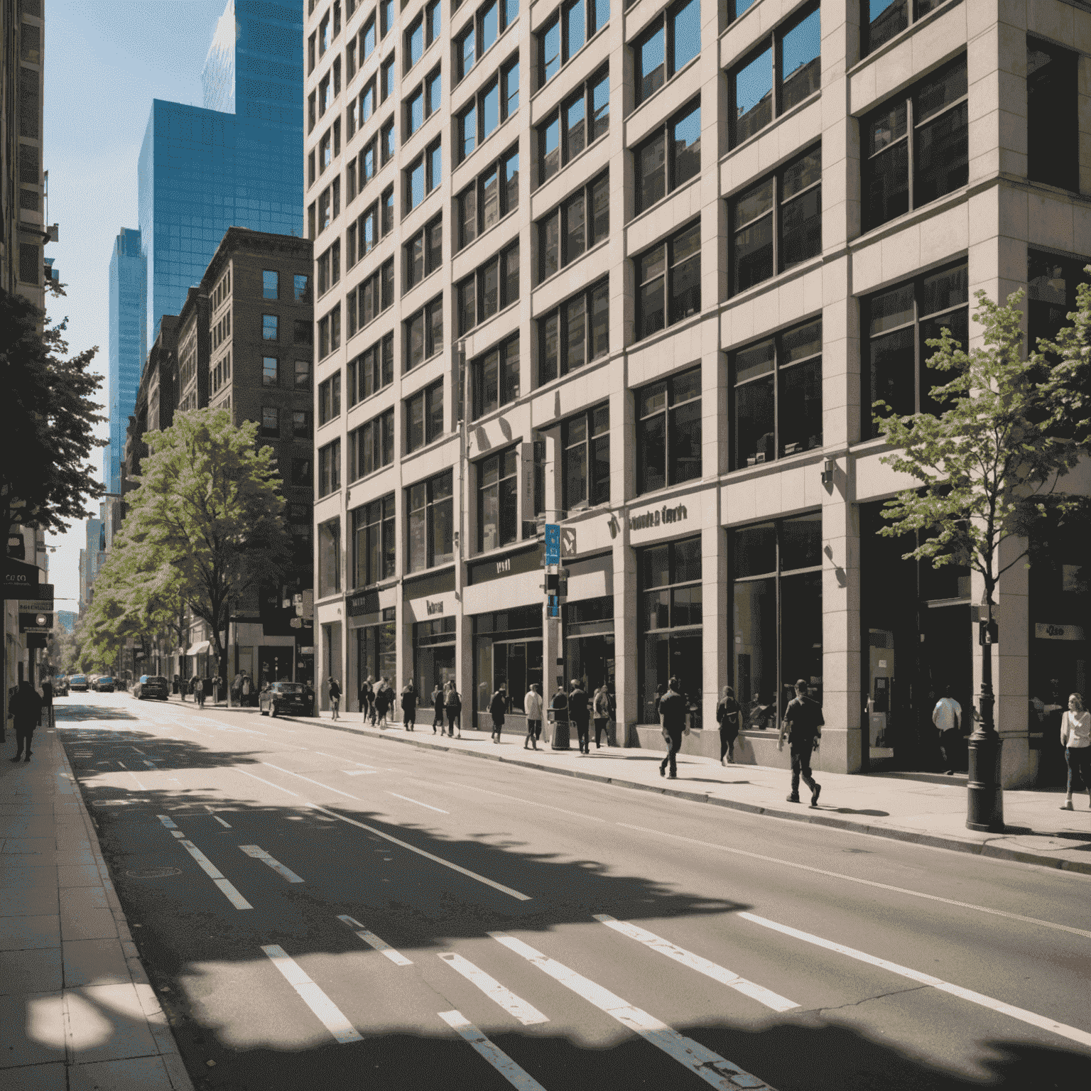 A panoramic view of a bustling city street with various commercial buildings, all featuring immaculately clean windows that sparkle in the sunlight, showcasing the transformative effect of professional commercial window cleaning.