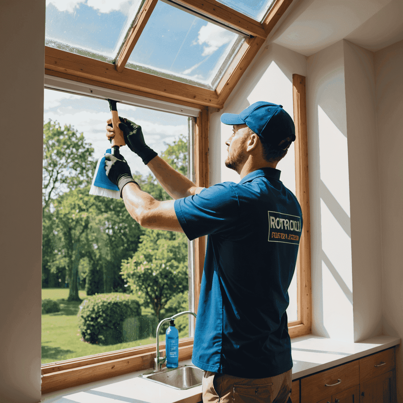 A professional cleaner meticulously cleaning an interior window and skylight, demonstrating thorough interior window cleaning services
