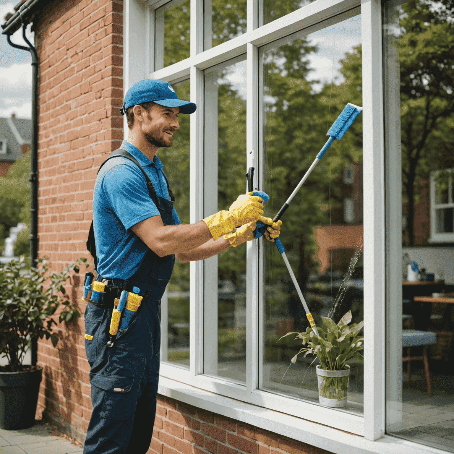 A window cleaner using eco-friendly cleaning products and water-saving techniques, highlighting environmentally conscious window cleaning services